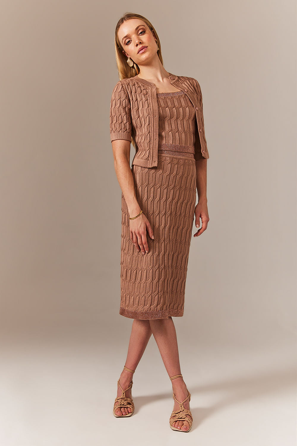 Saia Tricot Midi Blanche Bege Perolado