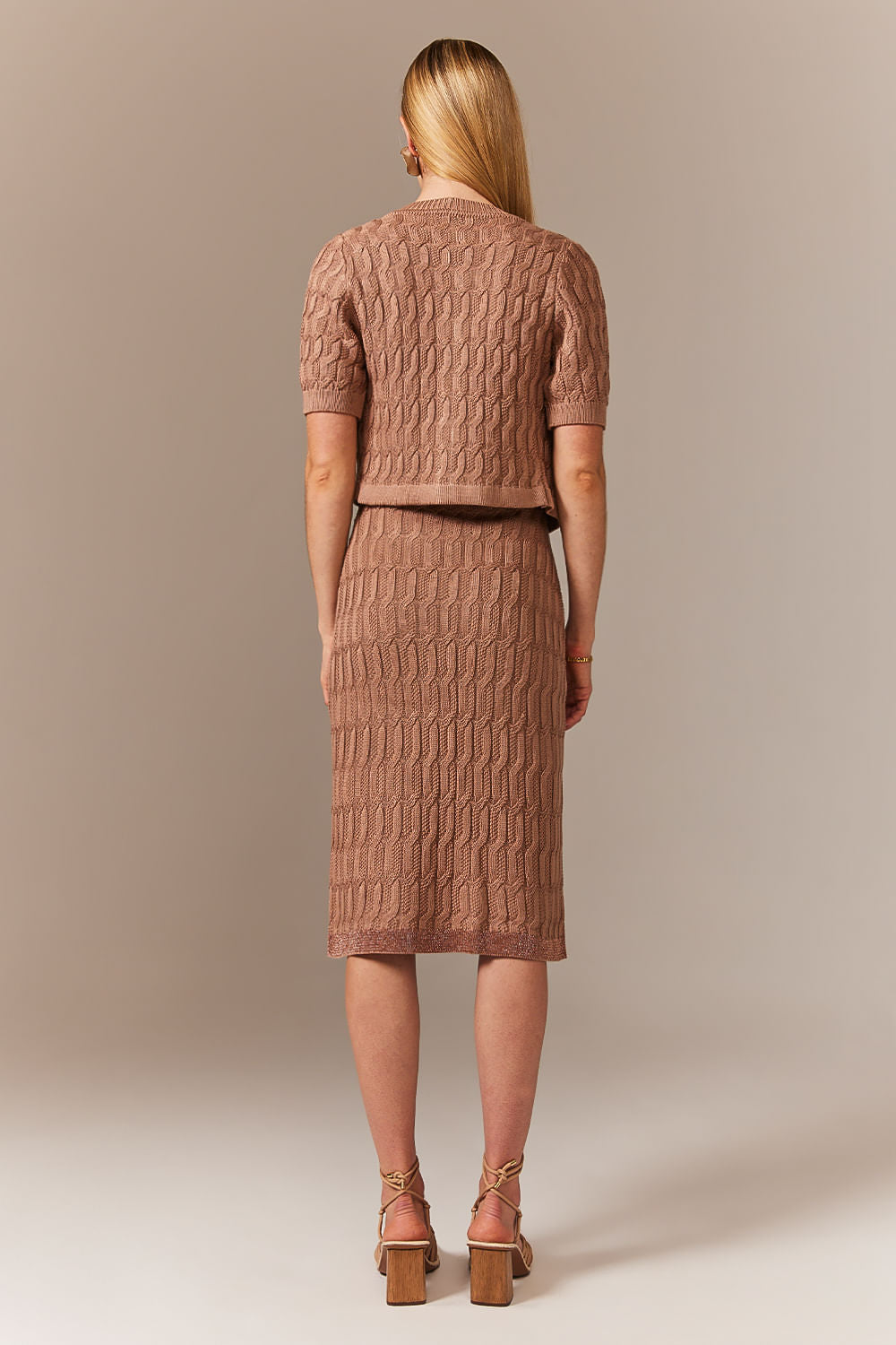 Saia Tricot Midi Blanche Bege Perolado