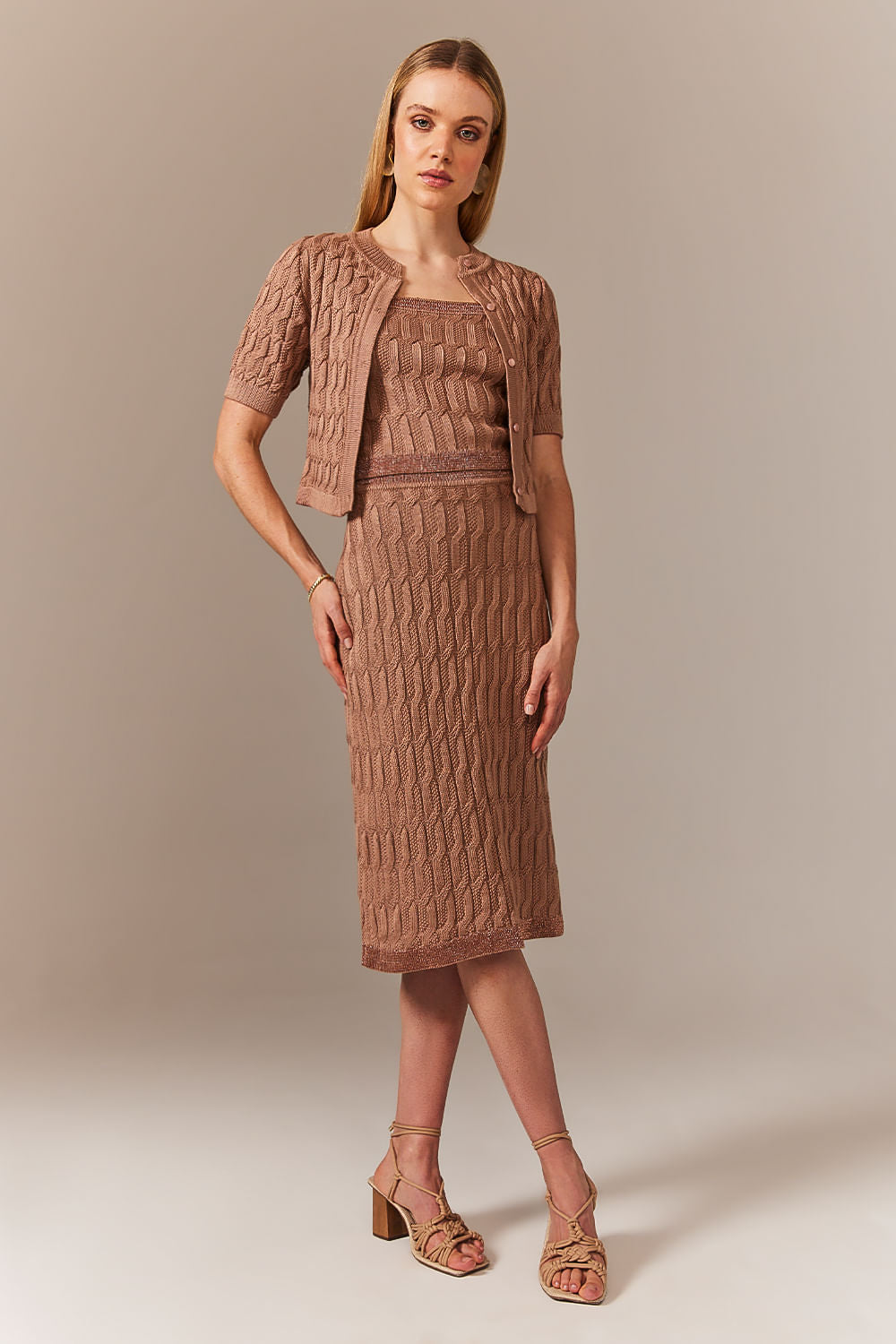 Saia Tricot Midi Blanche Bege Perolado