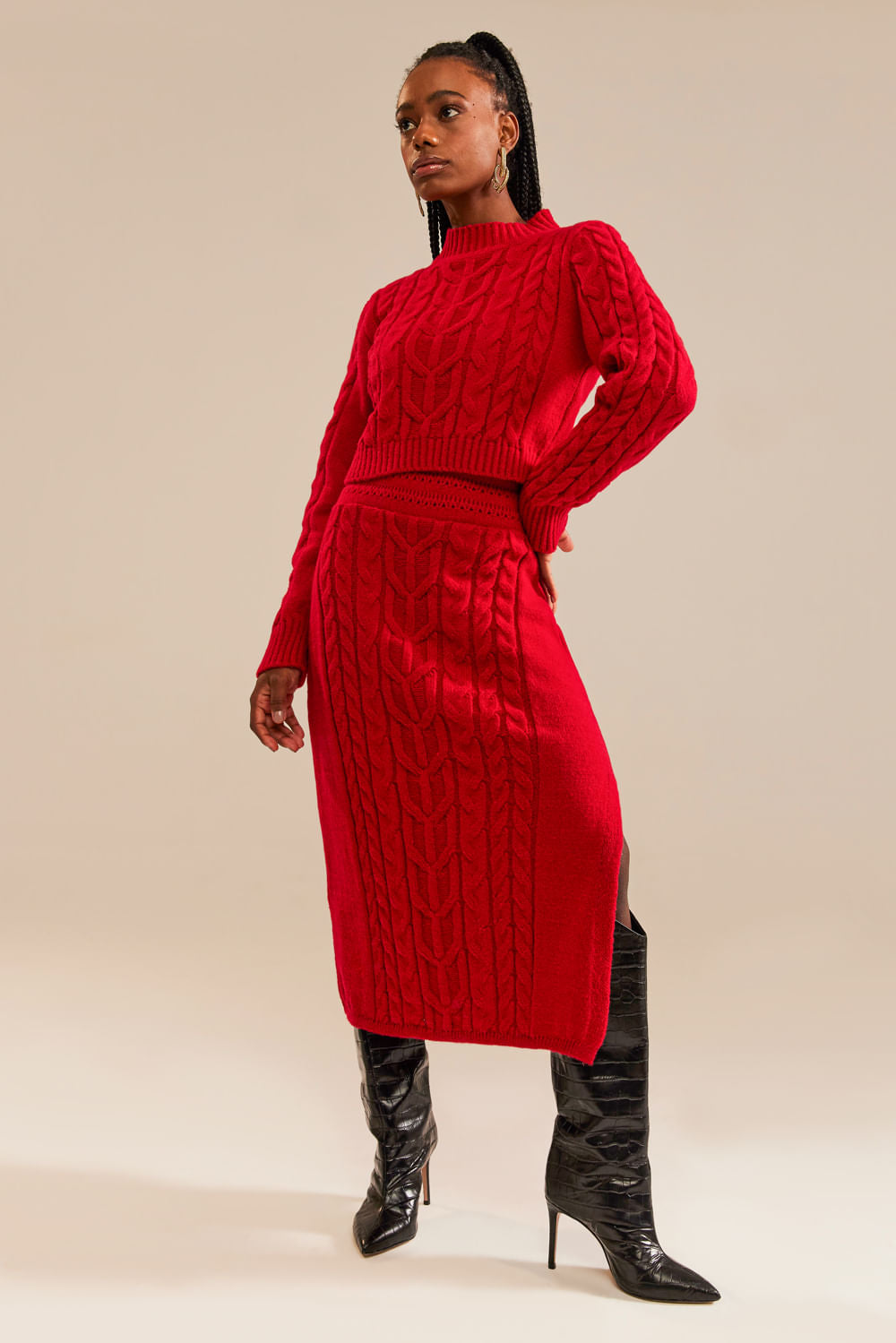 Saia Tricot Midi Bruna Vermelho Ruby