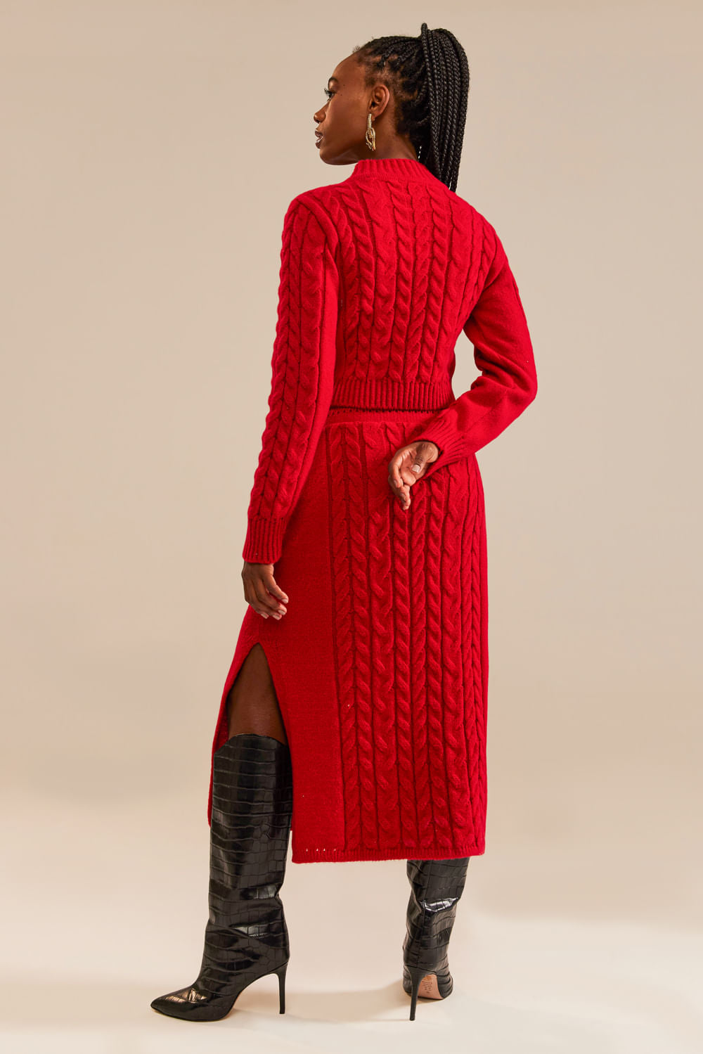 Saia Tricot Midi Bruna Vermelho Ruby