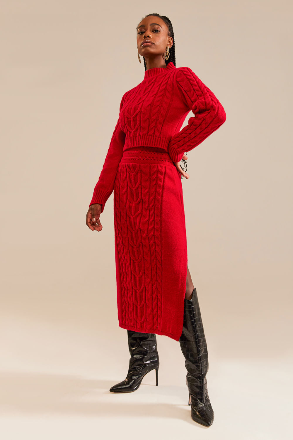 Saia Tricot Midi Bruna Vermelho Ruby