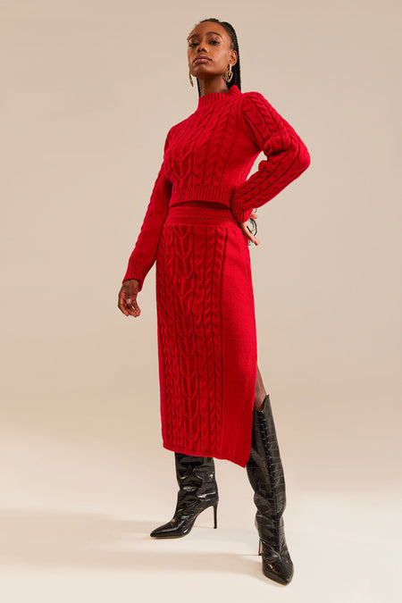 Saia Tricot Midi Bruna Vermelho Ruby