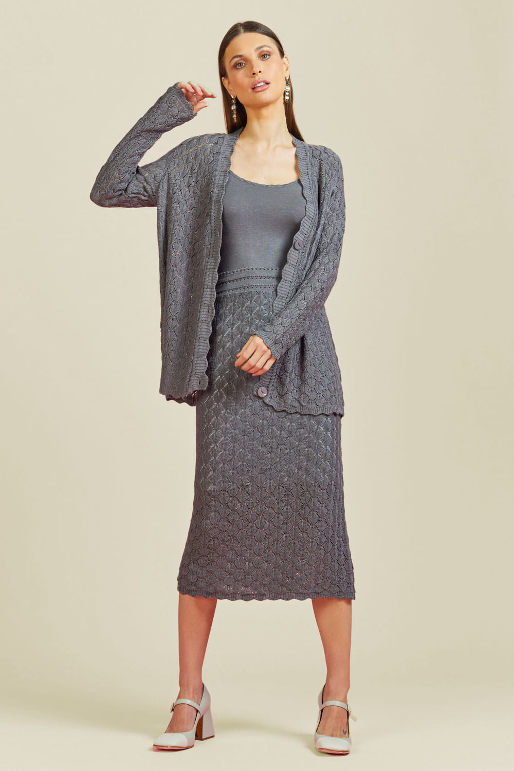Saia Tricot Midi Debora Cinza Stone