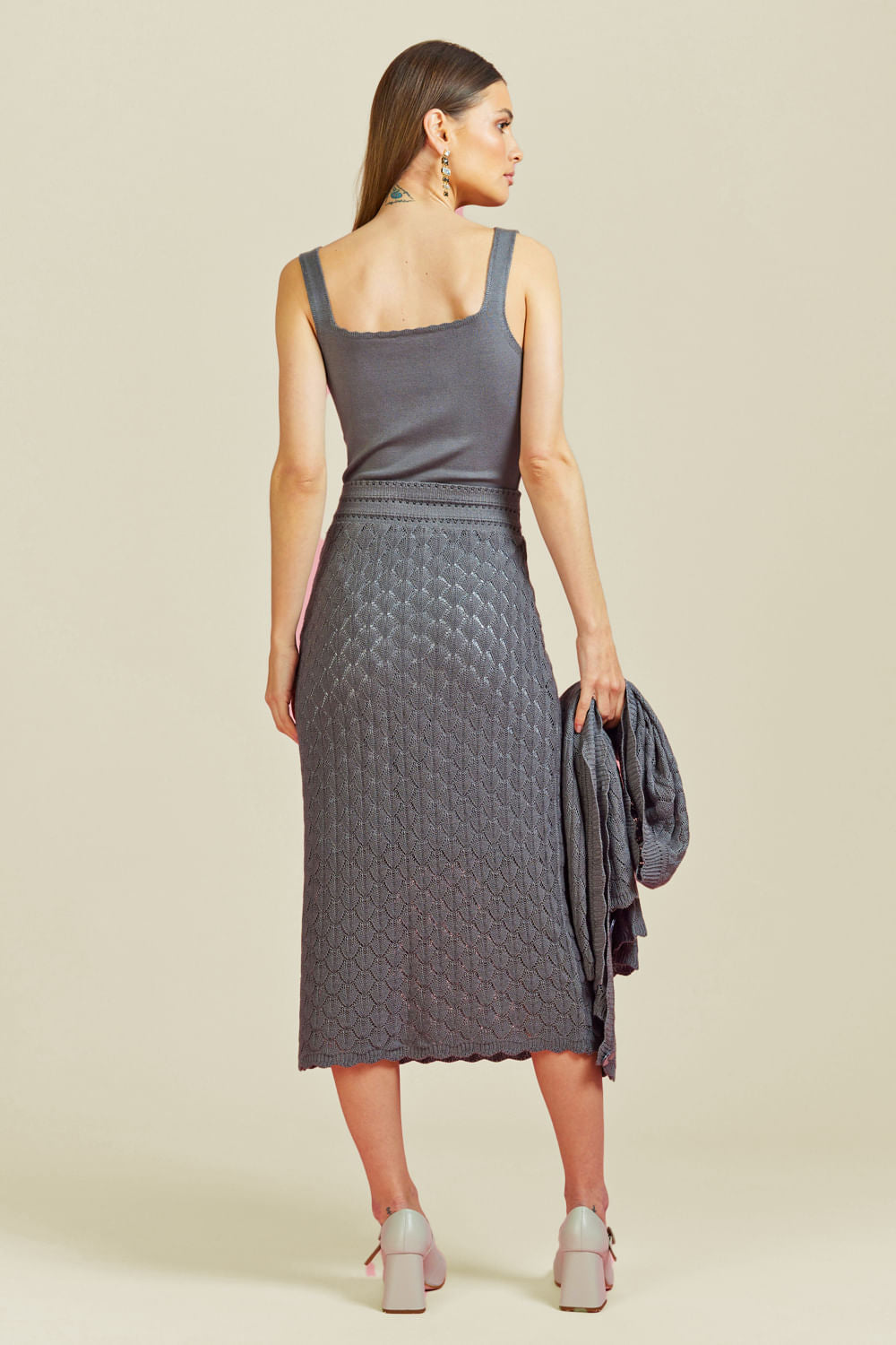 Saia Tricot Midi Debora Cinza Stone