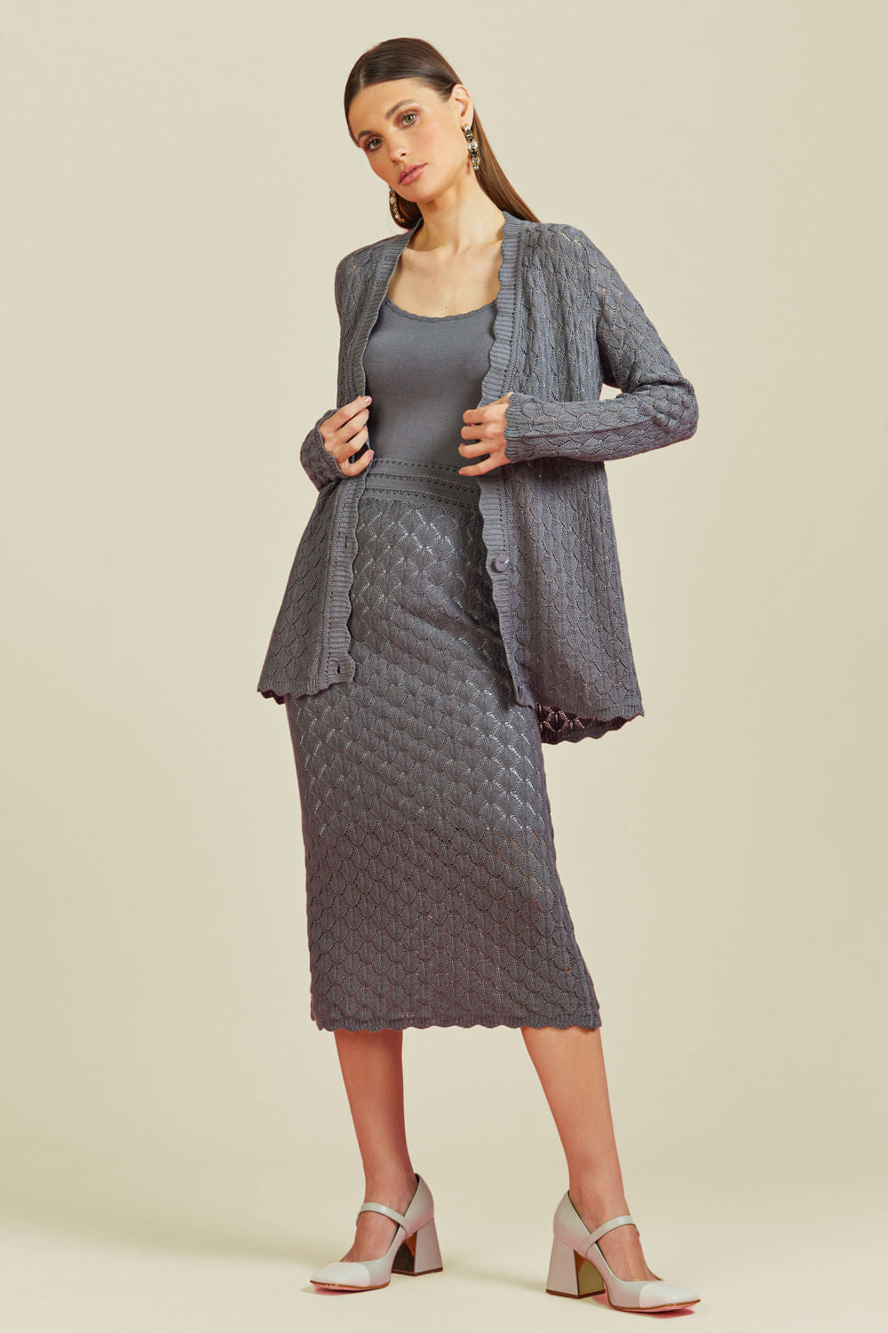 Saia Tricot Midi Debora Cinza Stone
