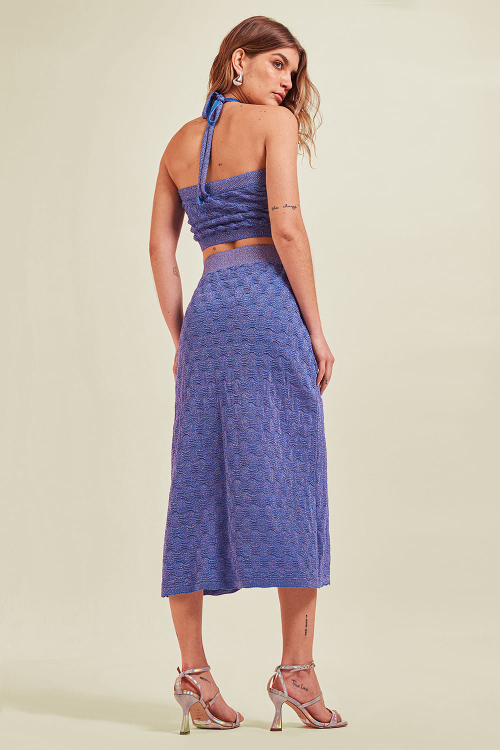 Saia Tricot Midi Janice Azul Olho Grego
