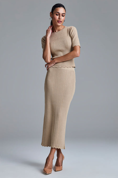 Saia Tricot Midi Lavinia Bege Corça