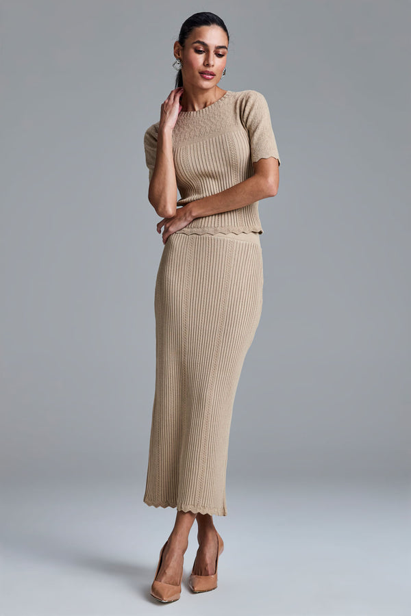 Saia Tricot Midi Lavinia Bege Corça