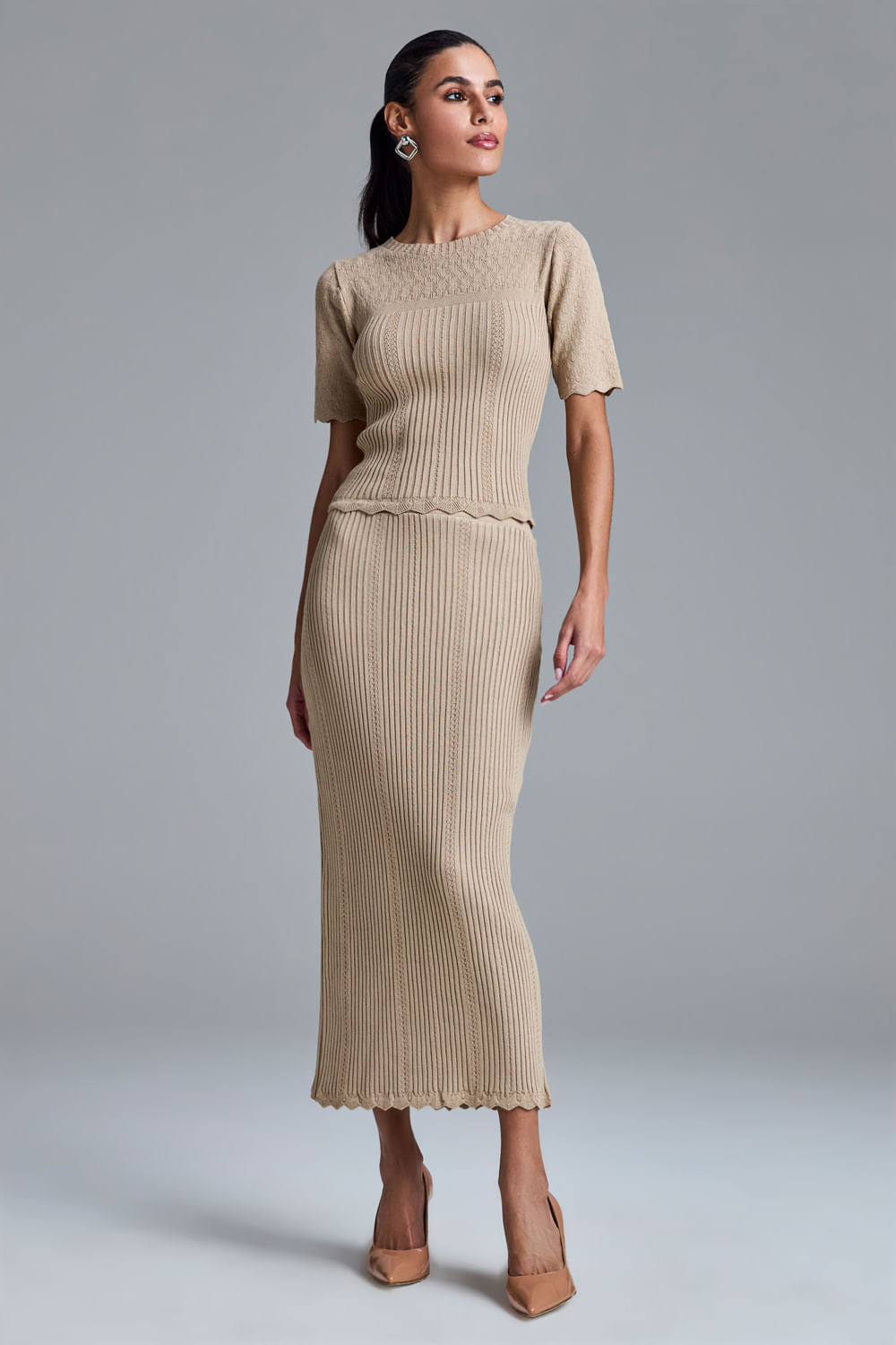 Saia Tricot Midi Lavinia Bege Corça