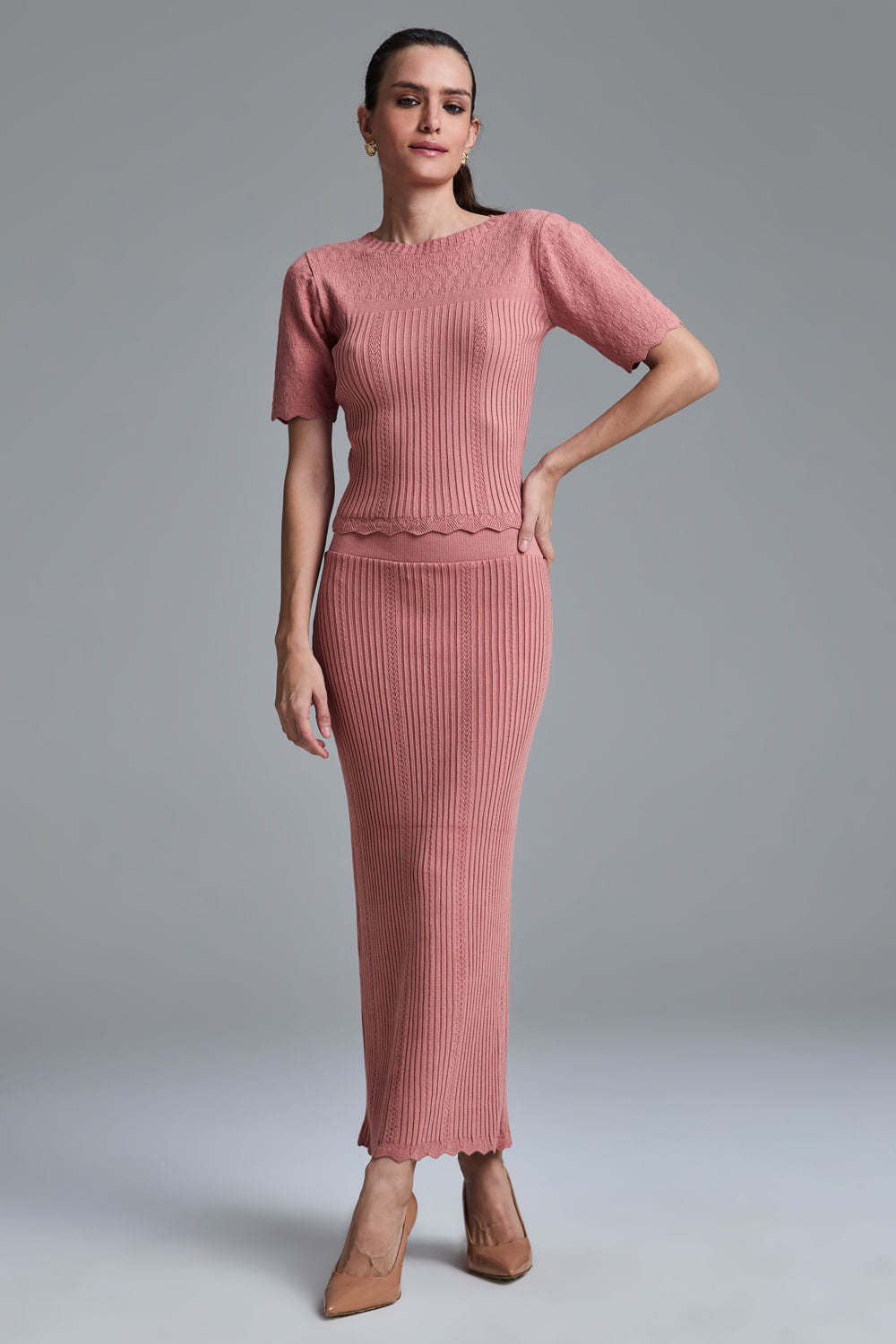 Saia Tricot Midi Lavinia Rosa Chá