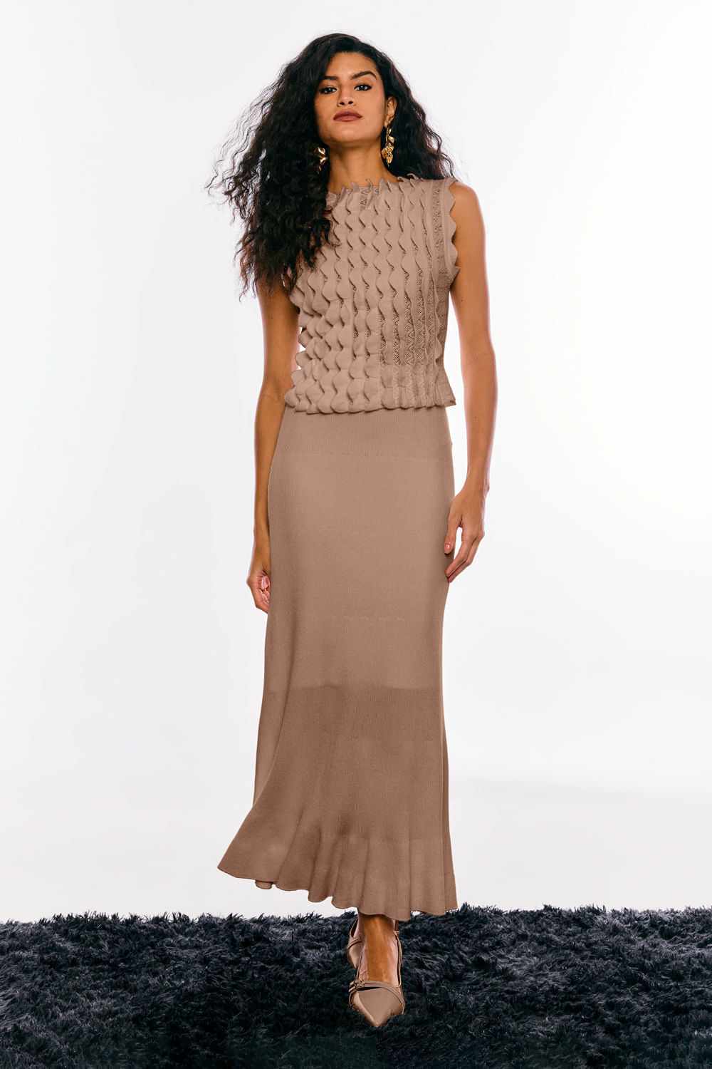 Saia Tricot Midi Verusca Bege Mocha