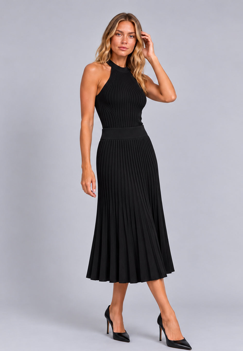 Saia Tricot Midi Plissada Olivia Preto
