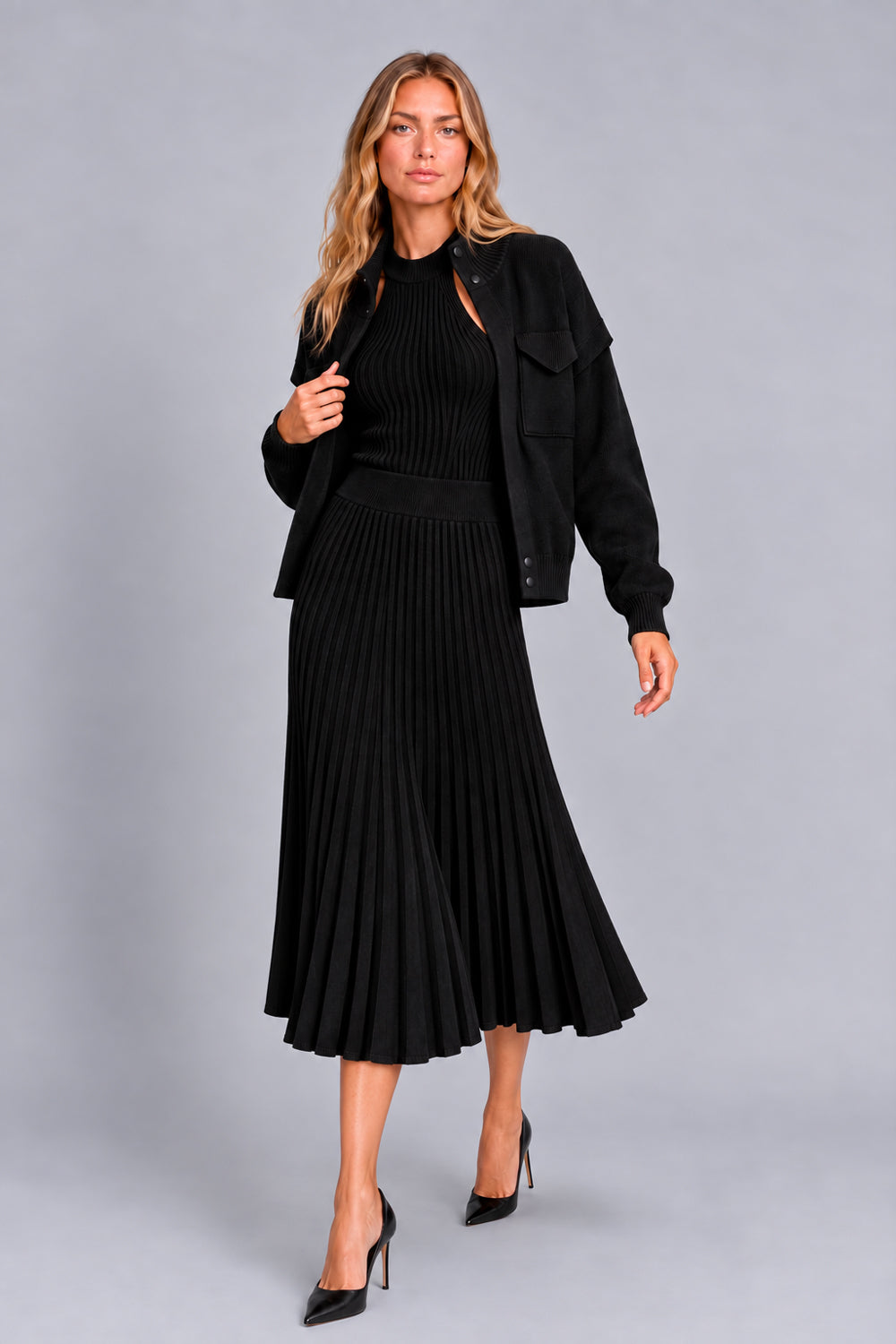 Saia Tricot Midi Plissada Olivia Preto