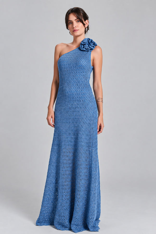 Vestido Tricot Midi Sheila Azul Celeste e Prata
