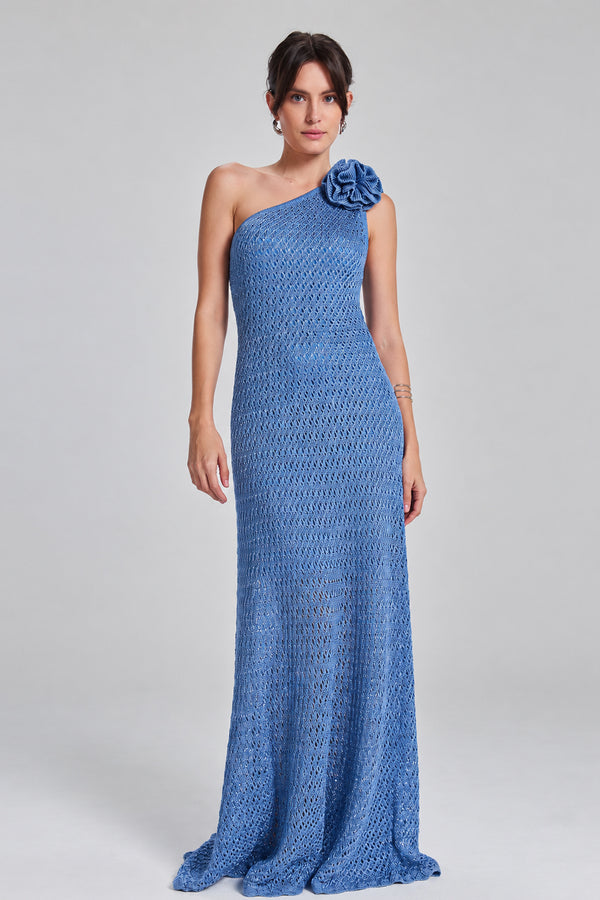 Vestido Tricot Midi Sheila Azul Celeste e Prata