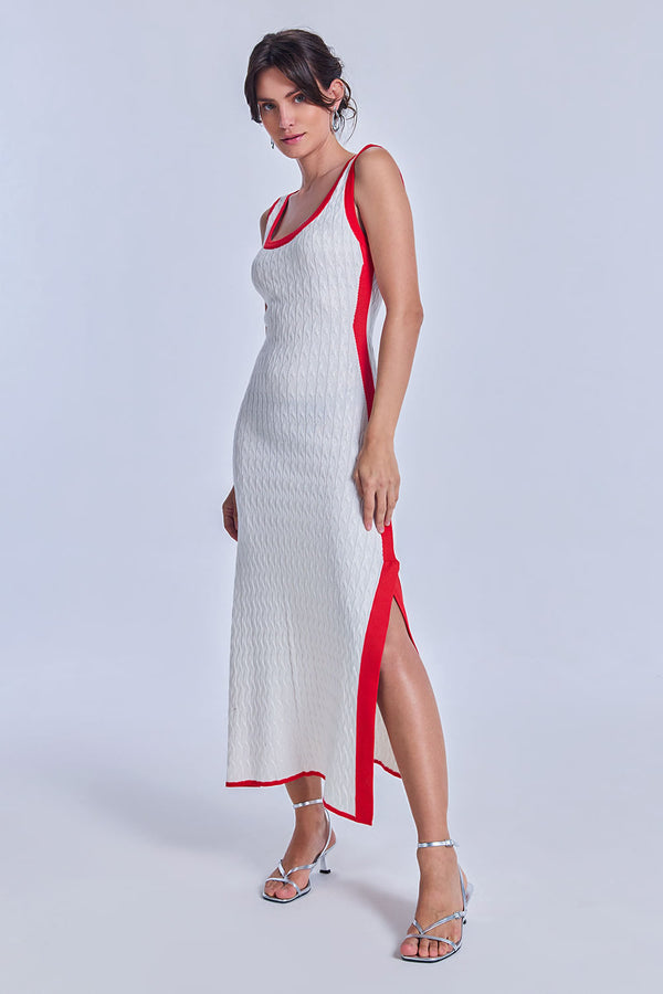 Vestido Tricot Midi Angelina Off White e Vermelho