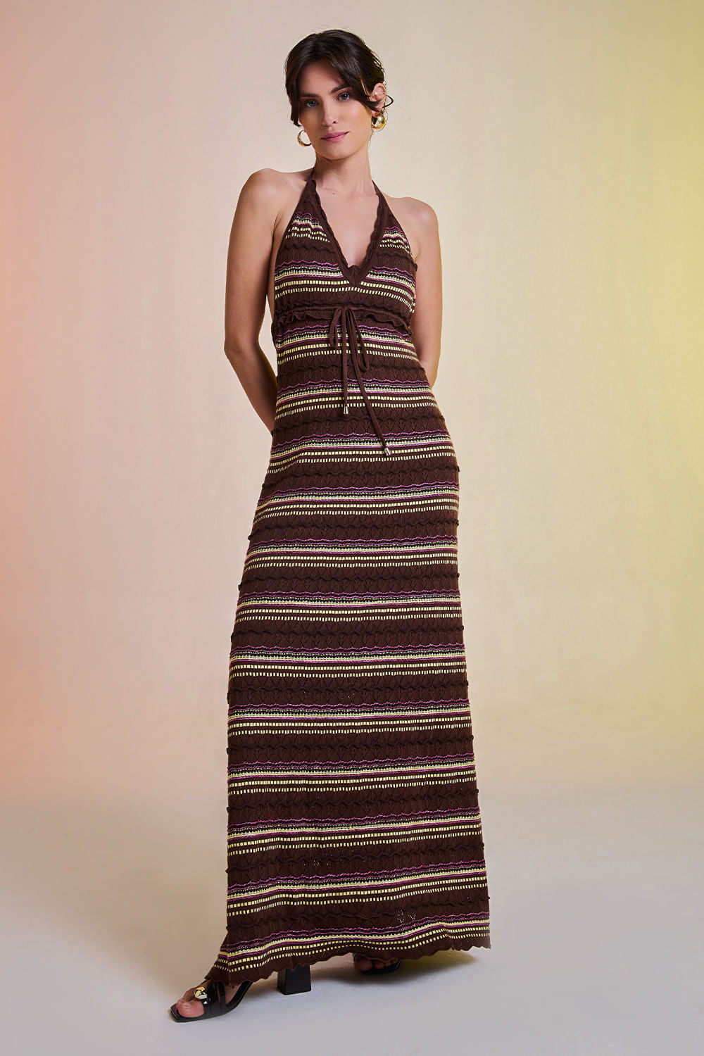 Vestido Tricot Midi Solange Cacau e Amarelo