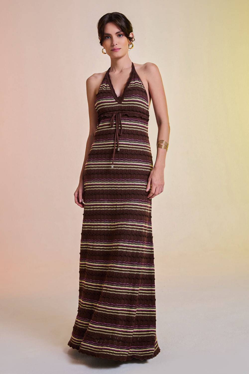 Vestido Tricot Midi Solange Cacau e Amarelo
