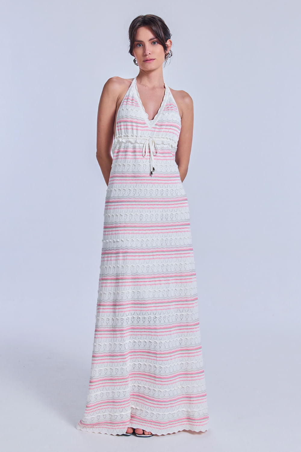 Vestido Tricot Midi Solange Off White e Rosa Cosmo