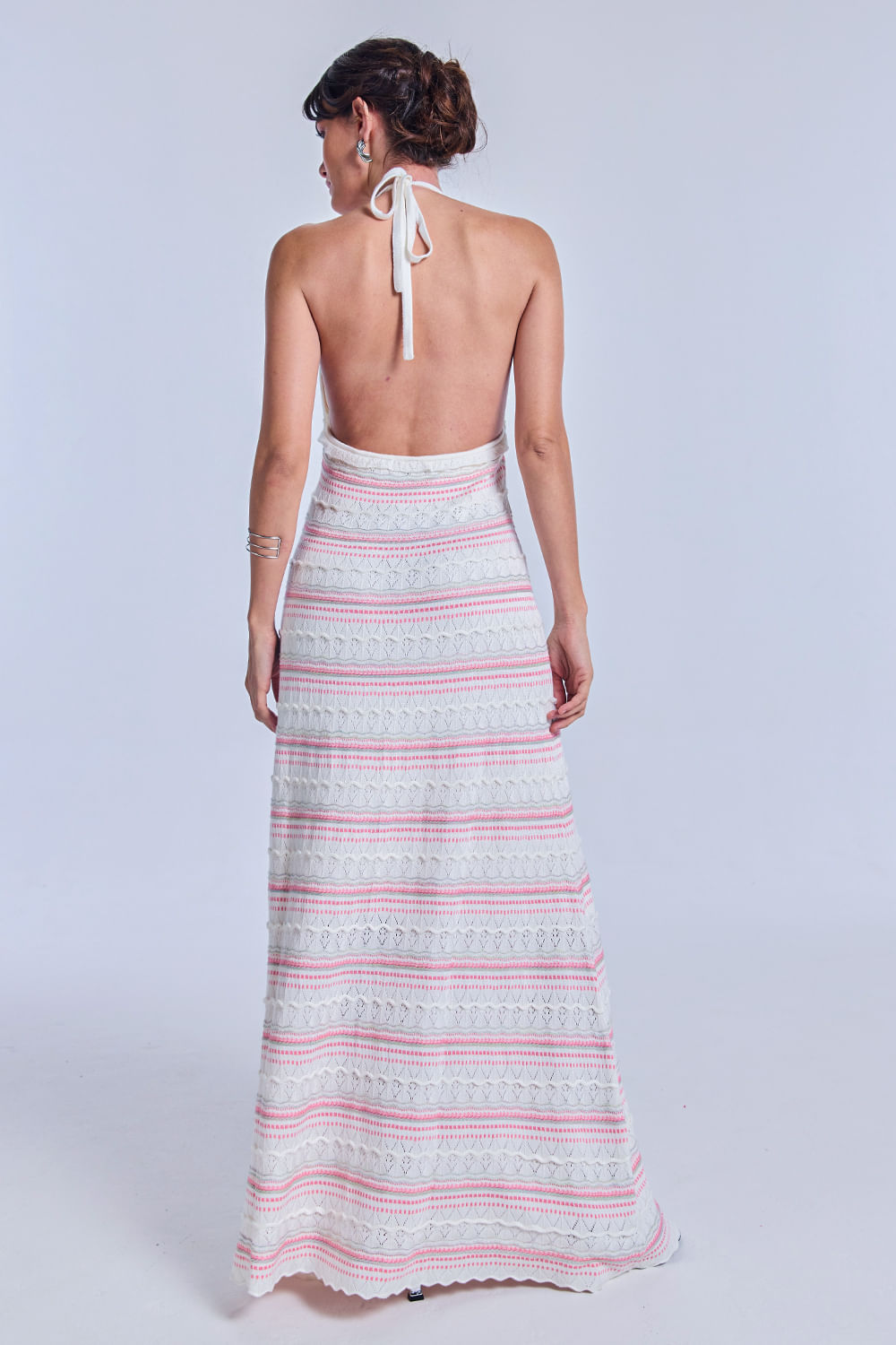 Vestido Tricot Midi Solange Off White e Rosa Cosmo