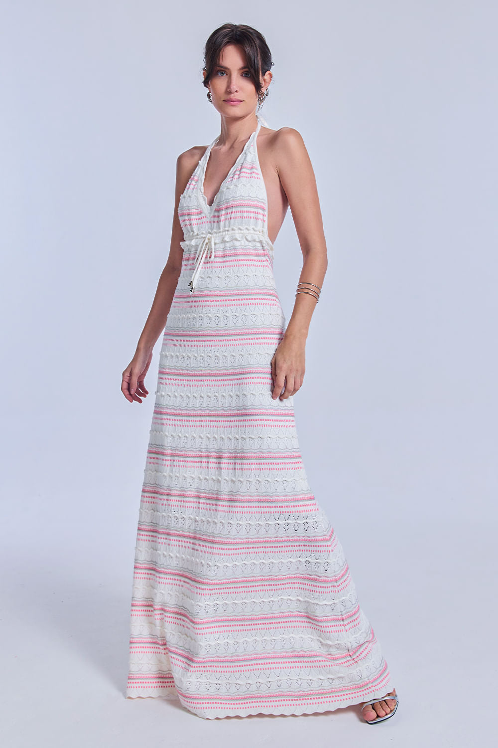Vestido Tricot Midi Solange Off White e Rosa Cosmo