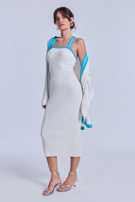 Casaco Tricot Flavia Off White e Azul Mergulho