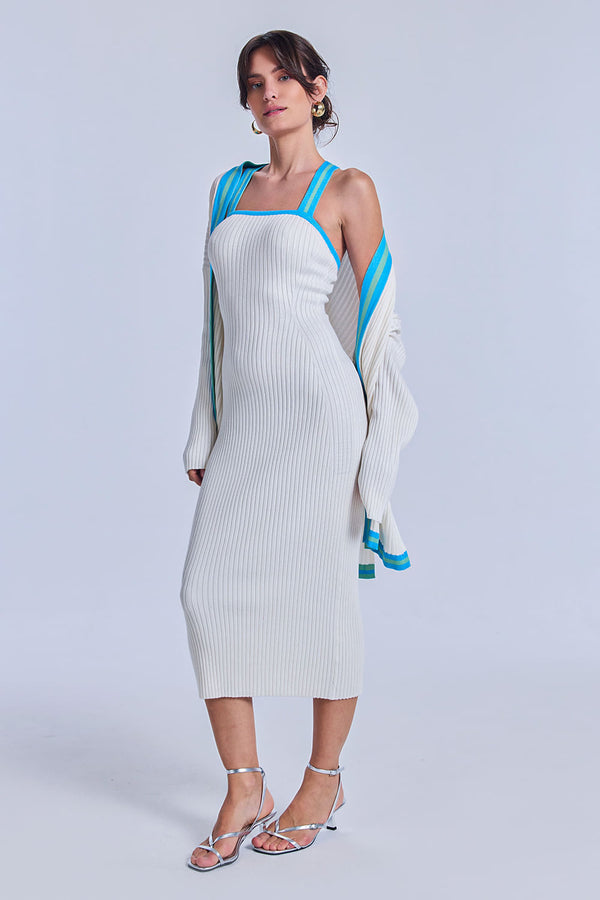Casaco Tricot Flavia Off White e Azul Mergulho