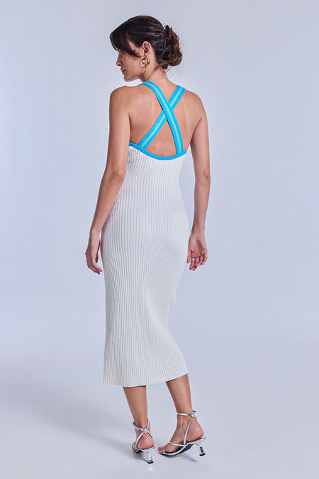 Vestido Tricot Midi Flavia Off White e Azul Mergulho