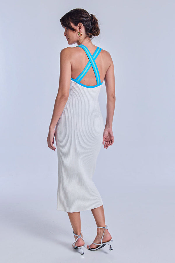 Vestido Tricot Midi Flavia Off White e Azul Mergulho
