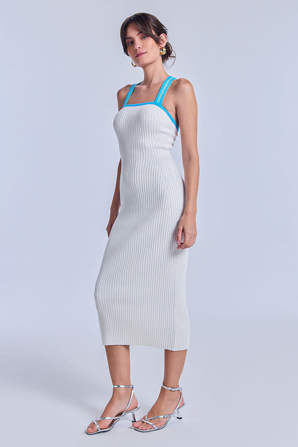 Vestido Tricot Midi Flavia Off White e Azul Mergulho