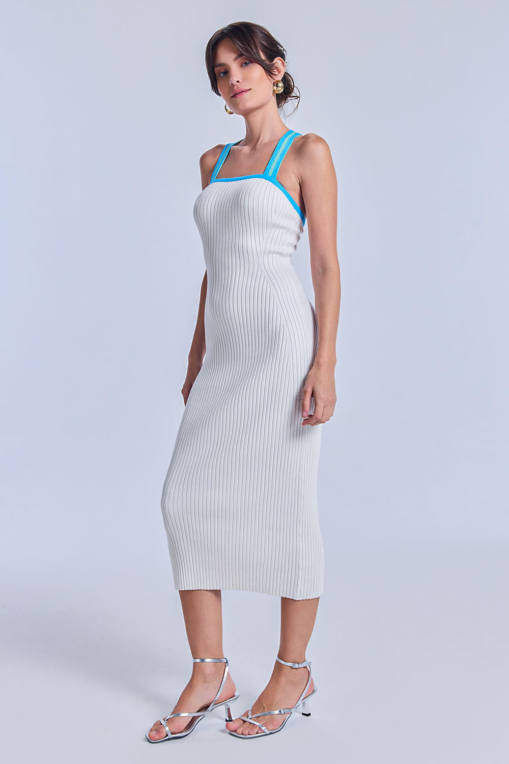 Vestido Tricot Midi Flavia Off White e Azul Mergulho