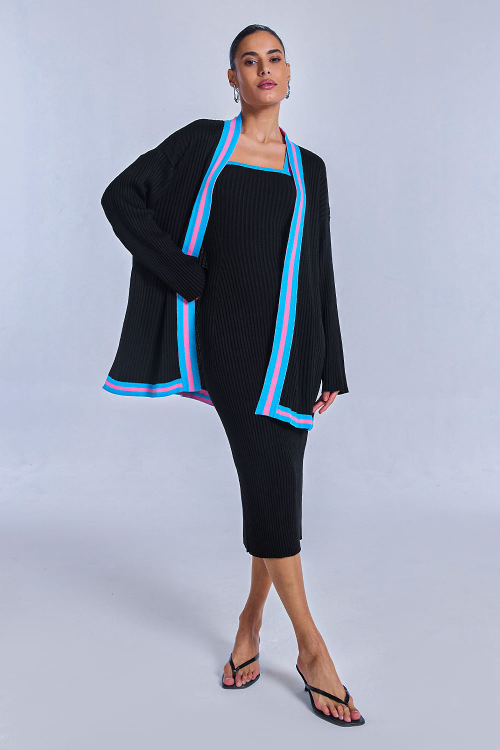 Casaco Tricot Flavia Preto e Azul Mergulho