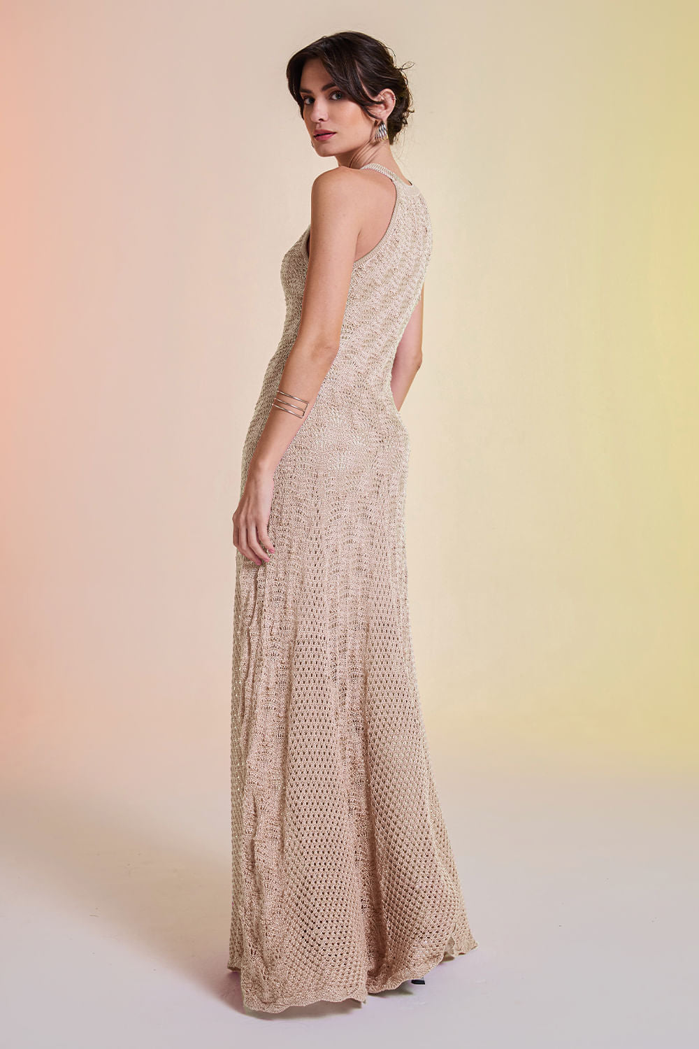 Vestido Tricot Longo Gabriele Bege Caqui