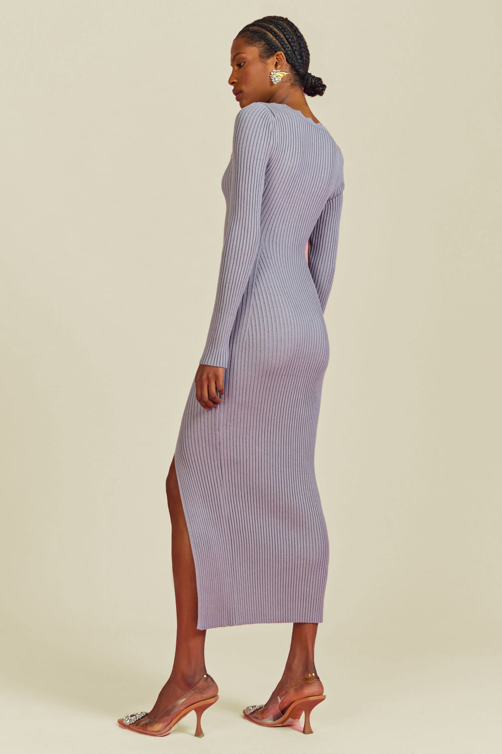 Vestido Tricot Midi Elen Cinza Claro