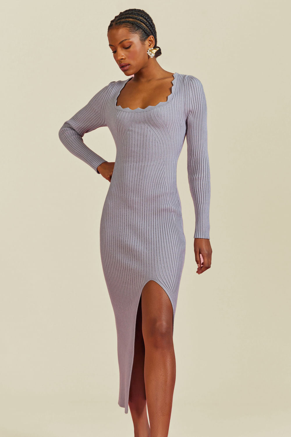 Vestido Tricot Midi Elen Cinza Claro