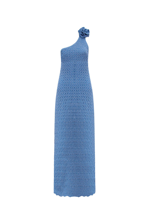 Vestido Tricot Midi Sheila Azul Celeste e Prata