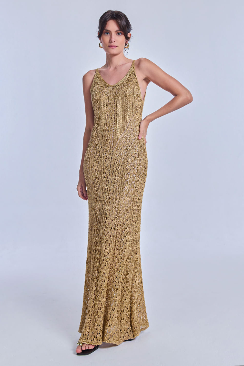 Vestido Tricot Longo Rafaela Bege Max e Dourado