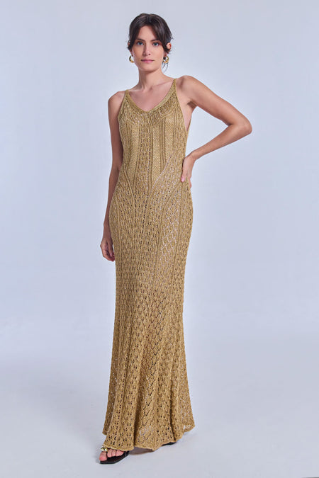 Vestido Tricot Longo Rafaela Bege Max e Dourado