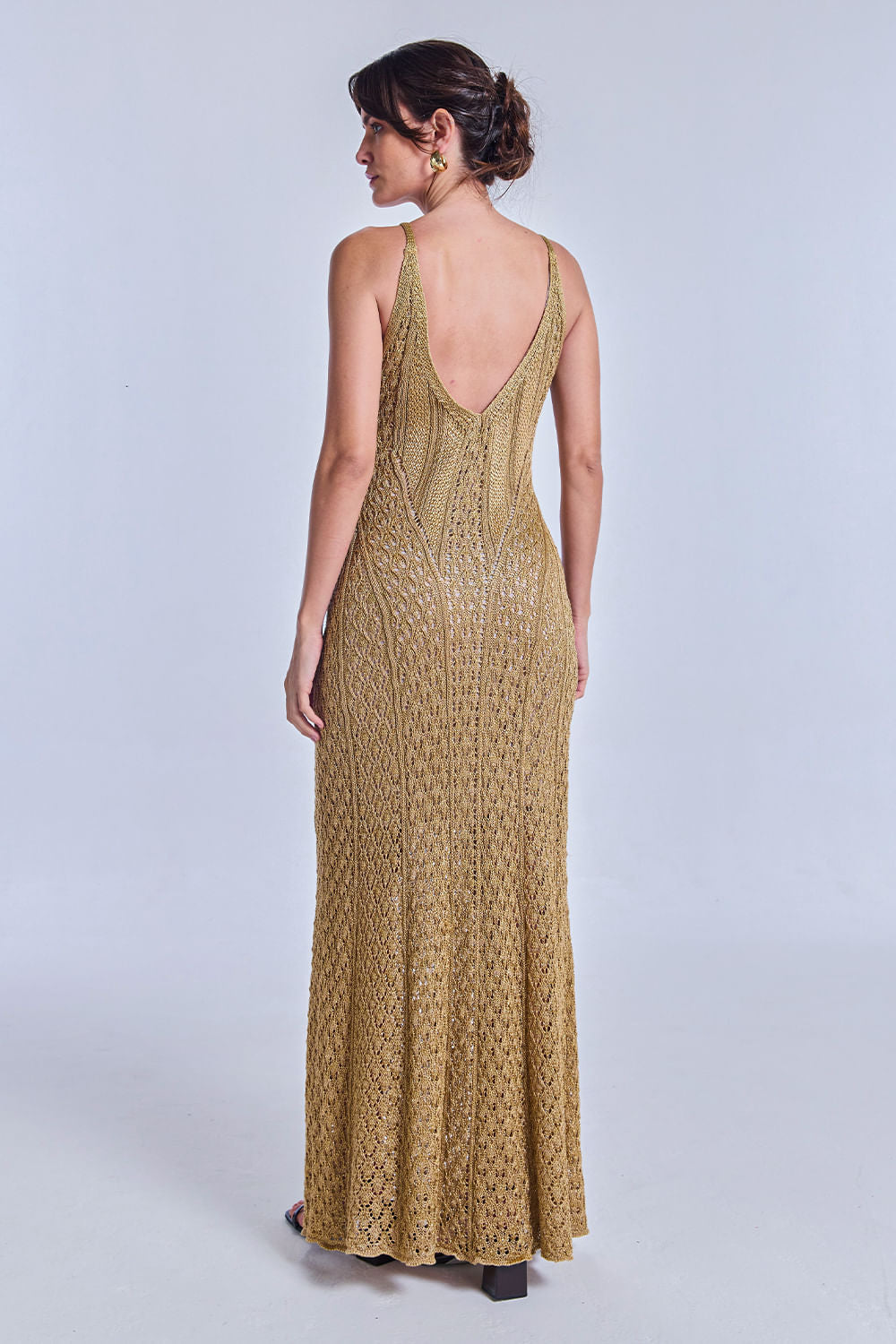 Vestido Tricot Longo Rafaela Bege Max e Dourado