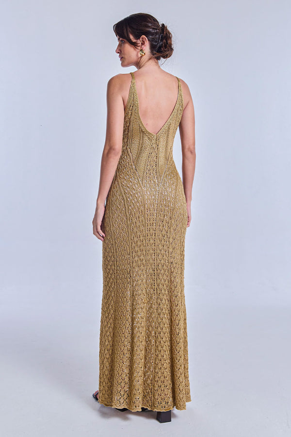Vestido Tricot Longo Rafaela Bege Max e Dourado