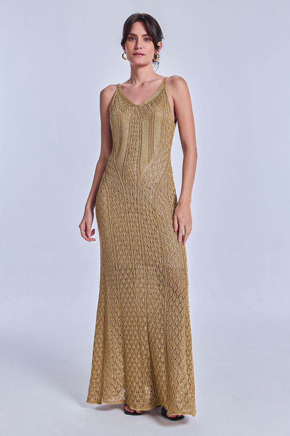 Vestido Tricot Longo Rafaela Bege Max e Dourado