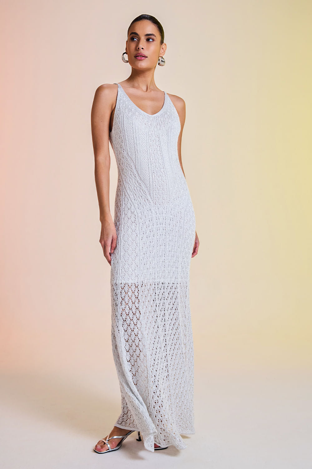 Vestido Tricot Longo Rafaela Off White e Prata