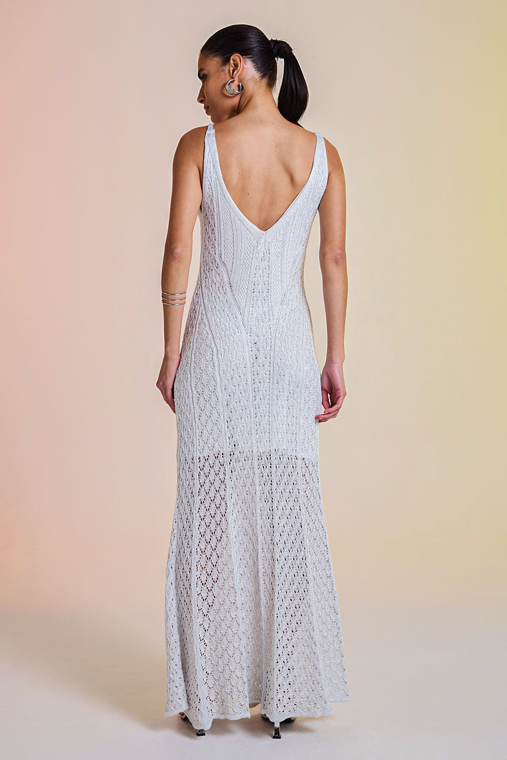 Vestido Tricot Longo Rafaela Off White e Prata