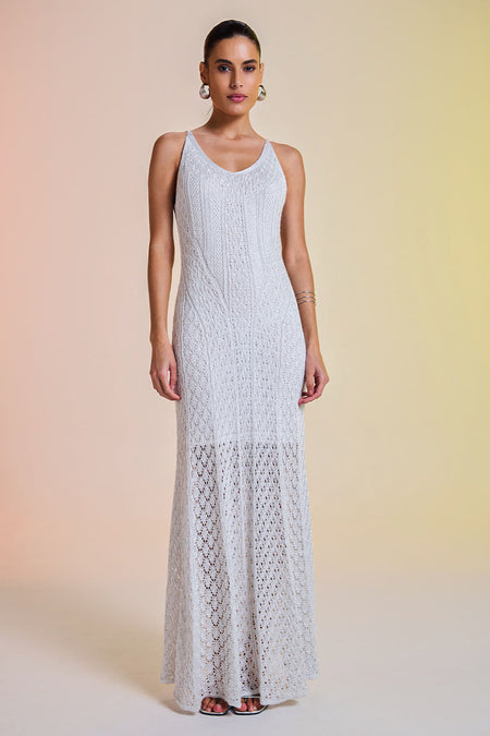 Vestido Tricot Longo Rafaela Off White e Prata