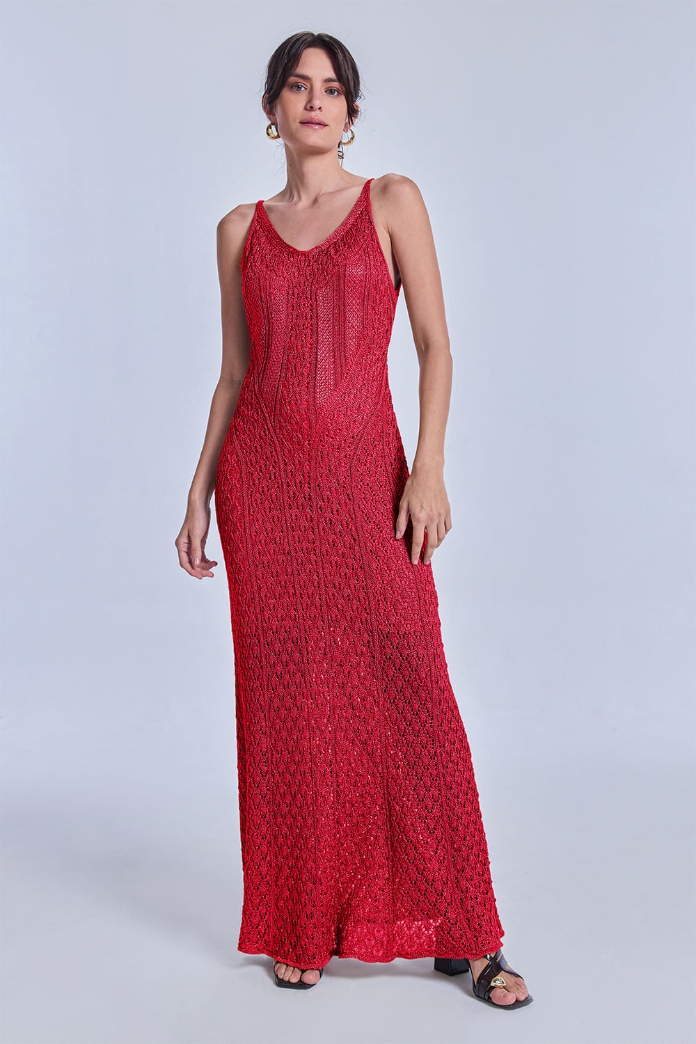 Vestido Tricot Longo Rafaela Vermelho e Pink