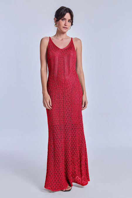 Vestido Tricot Longo Rafaela Vermelho e Pink