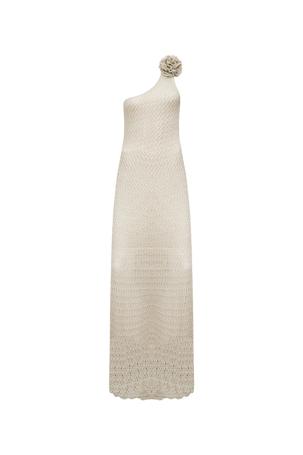 Vestido Tricot Midi Sheila Off White e Dourado