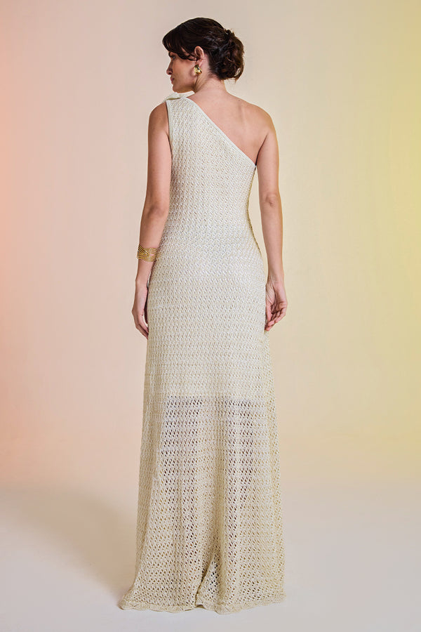 Vestido Tricot Midi Sheila Off White e Dourado