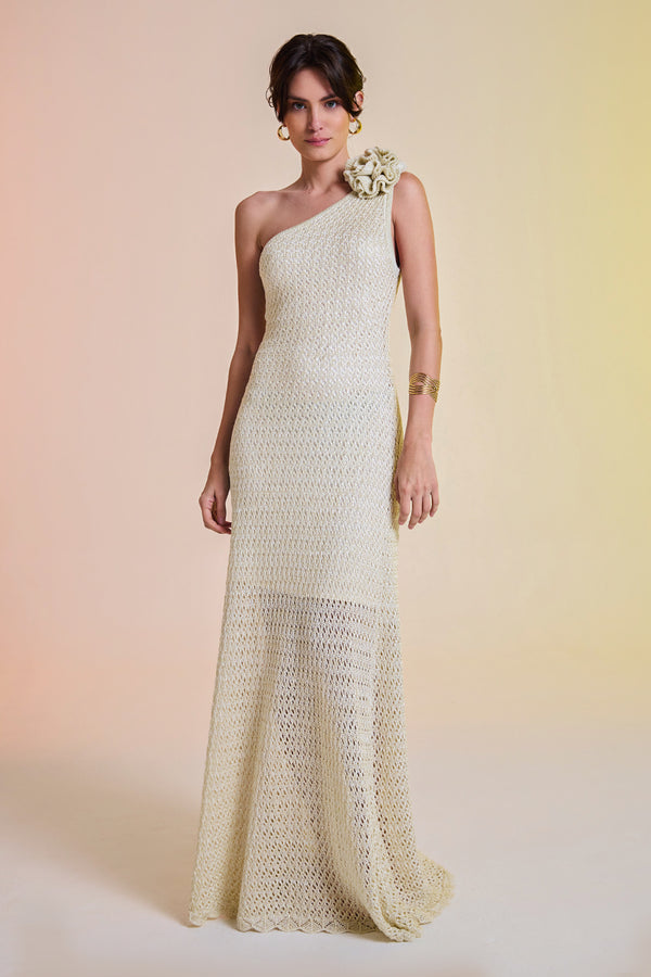Vestido Tricot Midi Sheila Off White e Dourado